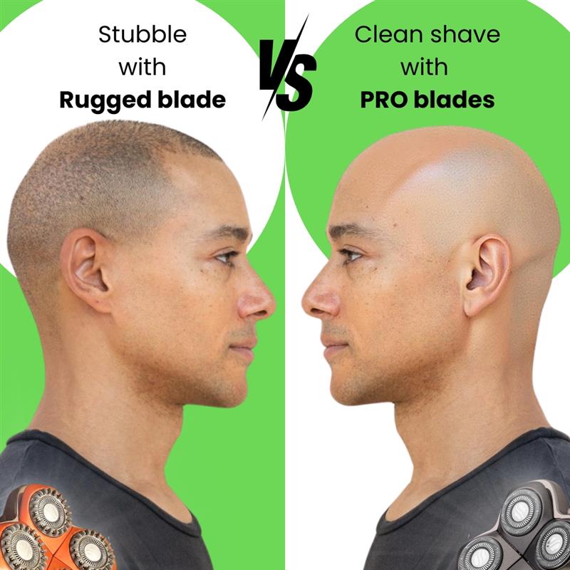 Close-up of an orange Skull Shaver Rugged™ Blade with four rotary blades featuring the Skull Shaver logo. The headline below reads ‘Specialized Spacers!’ in bold black text, highlighting the advanced blade design.